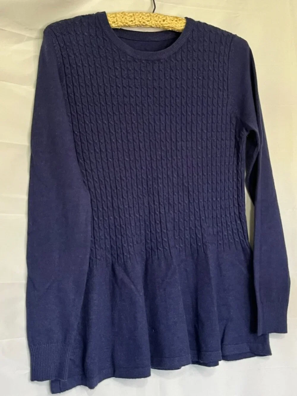 Womens Navy Blue Long Sleeve Peplum mini Cable Knit Crewneck Pullover Sweater XS